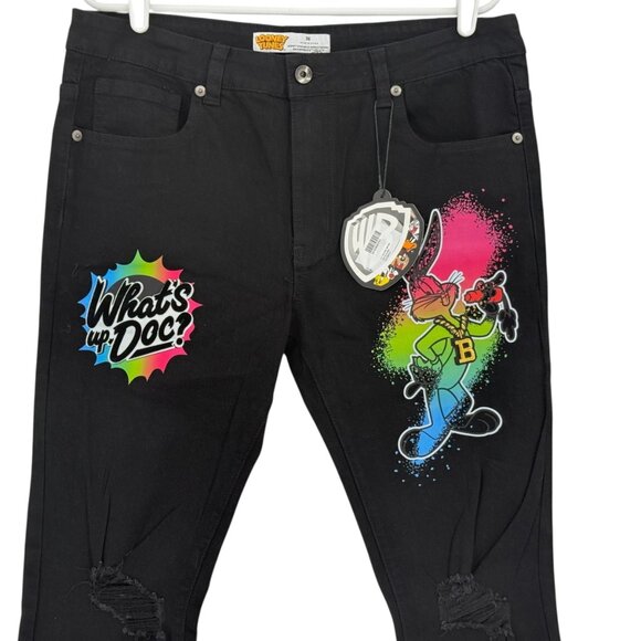 Looney Tunes Men's Stretch Black Jeans Cartoon's Graphic Bling Bunny Size 36 NWT - Picture 3 of 11